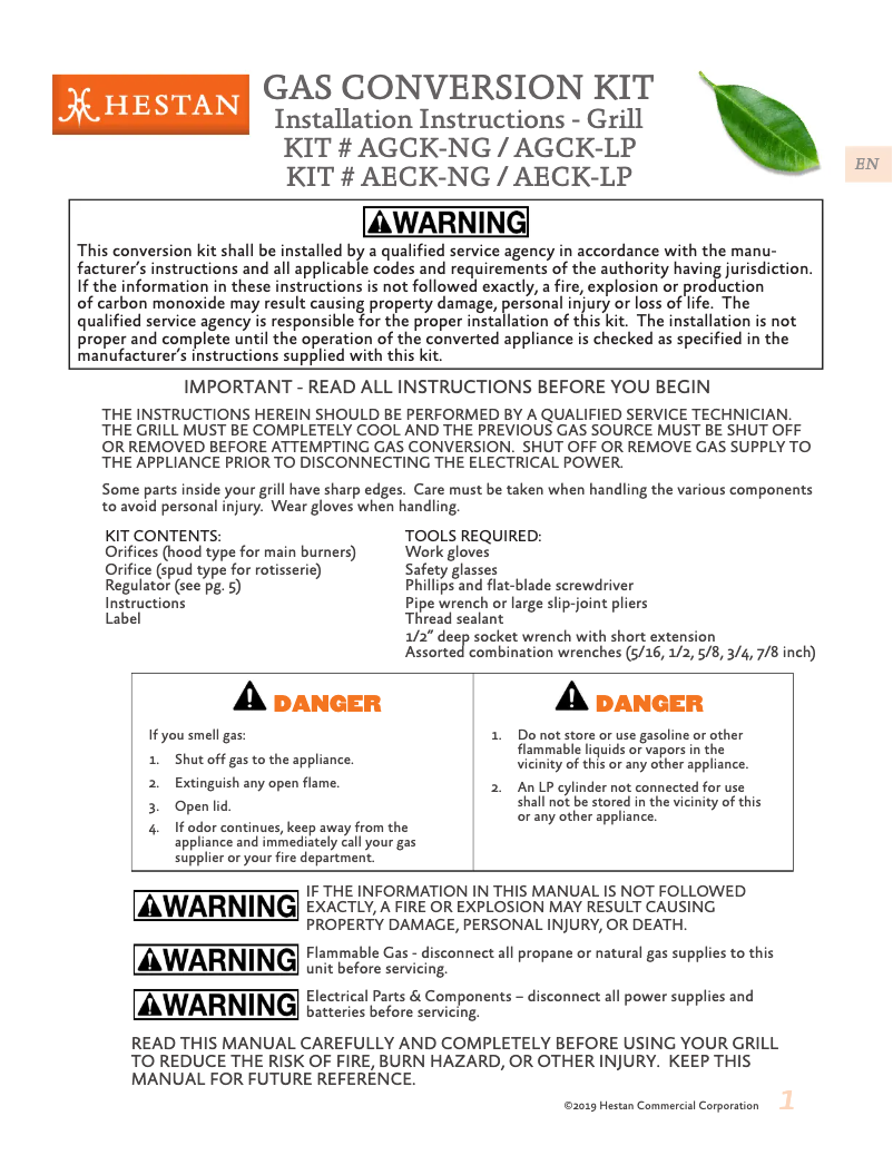 Page 1 de la notice Guide d'installation Hestan GMBR42-NG-GR