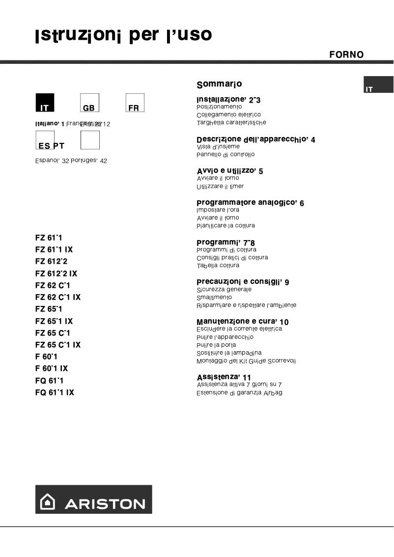 Page 1 of the manual User Manual Ariston Thermo F 60.1 IX