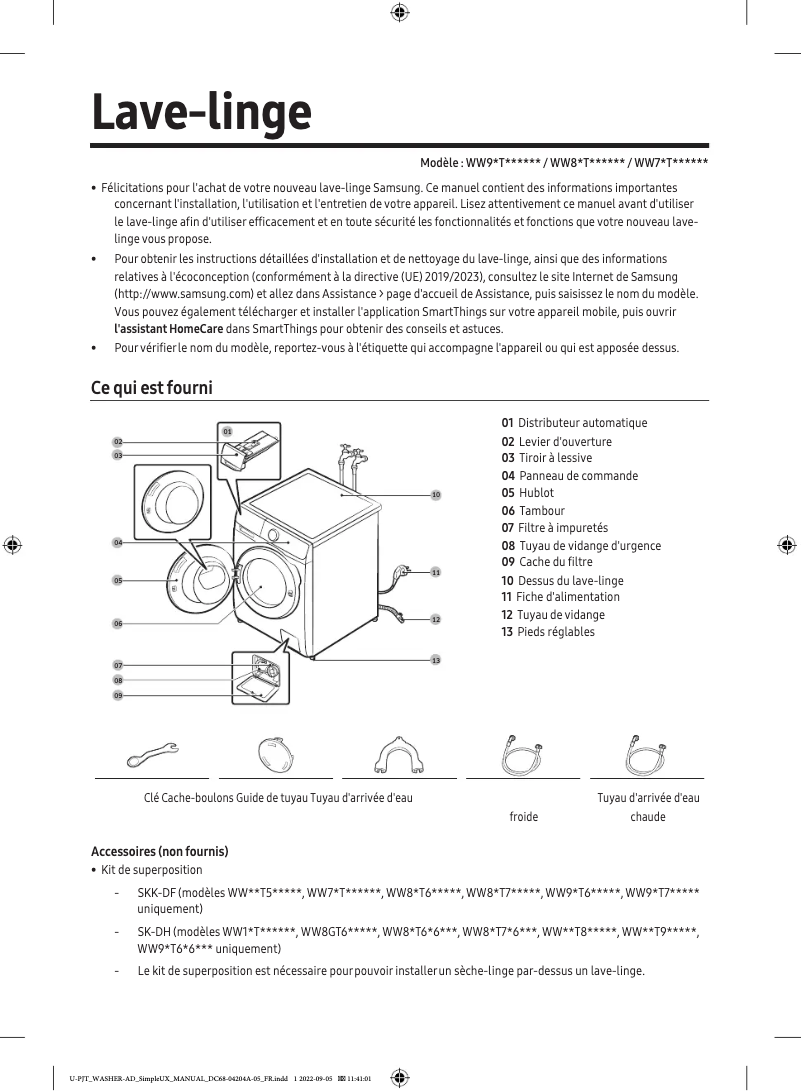 Page 1 de la notice Manuel utilisateur Samsung WW70T534DTW