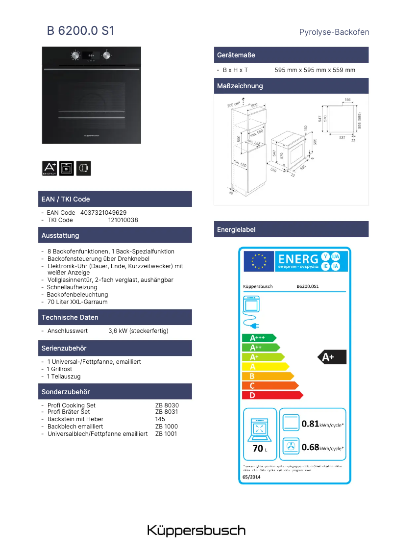 Page n°1 - Fiche technique Küppersbusch B6200.0S1