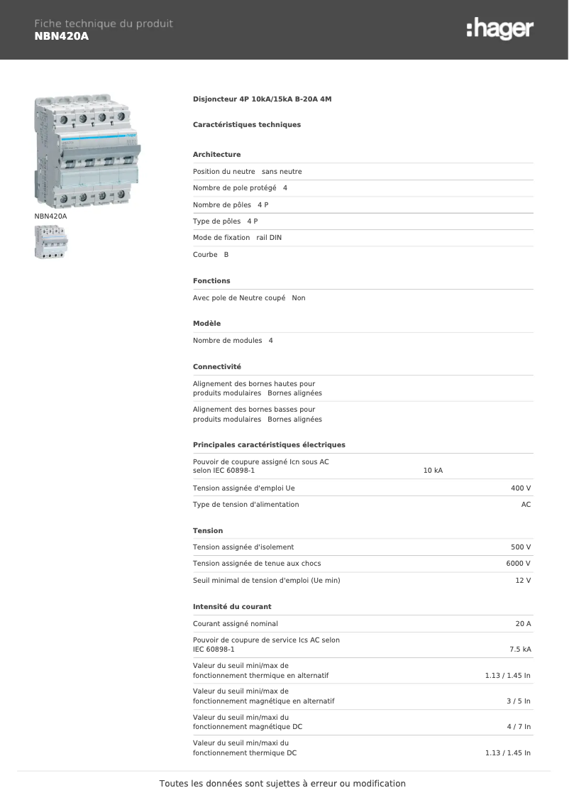 Page 1 de la notice Manuel utilisateur Hager NBN420A