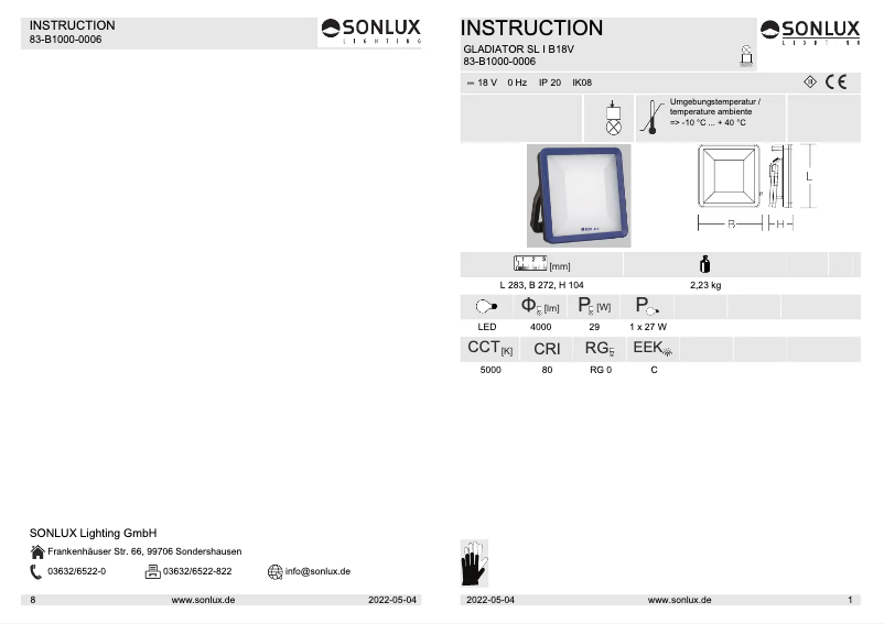 Page n°1 - Manuel utilisateur Sonlux Gladiator SL I B18V