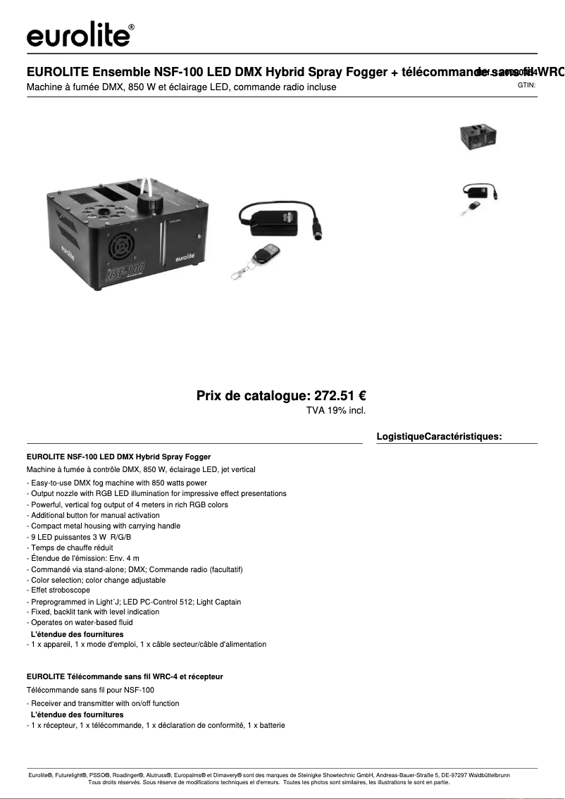 Page 1 de la notice Fiche technique Eurolite NSF-100