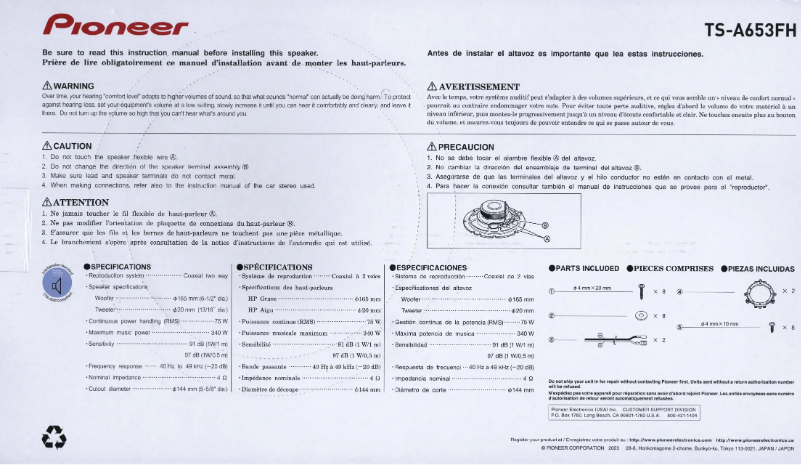 Page n°1 - Manuel utilisateur Pioneer TS-A653FH
