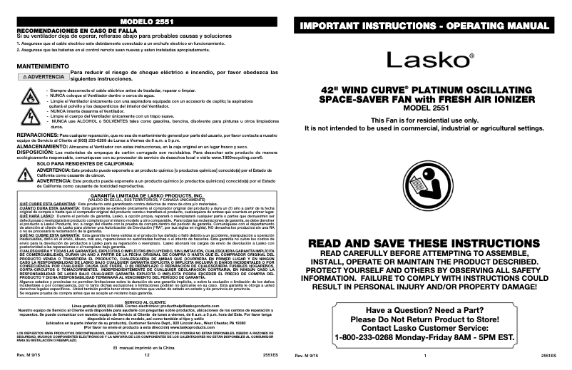 Page 1 de la notice Manuel utilisateur Lasko 2551