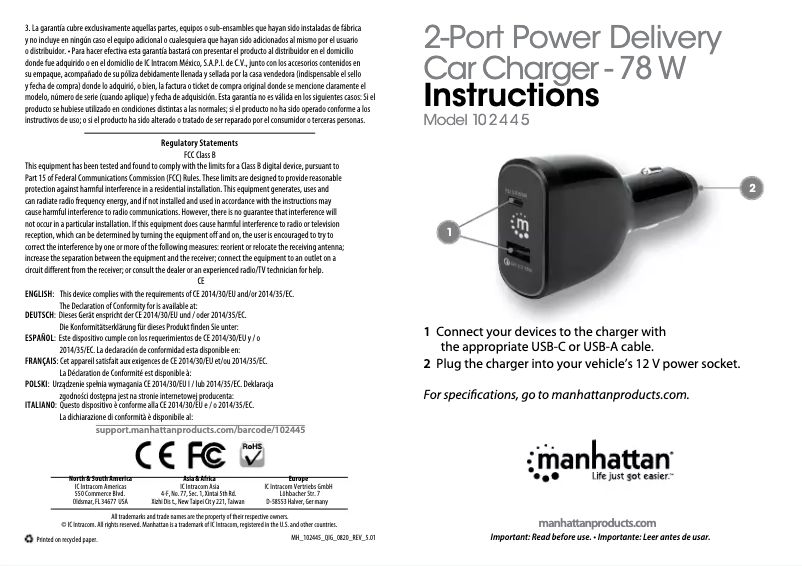 Page 1 de la notice Manuel utilisateur Manhattan 102445