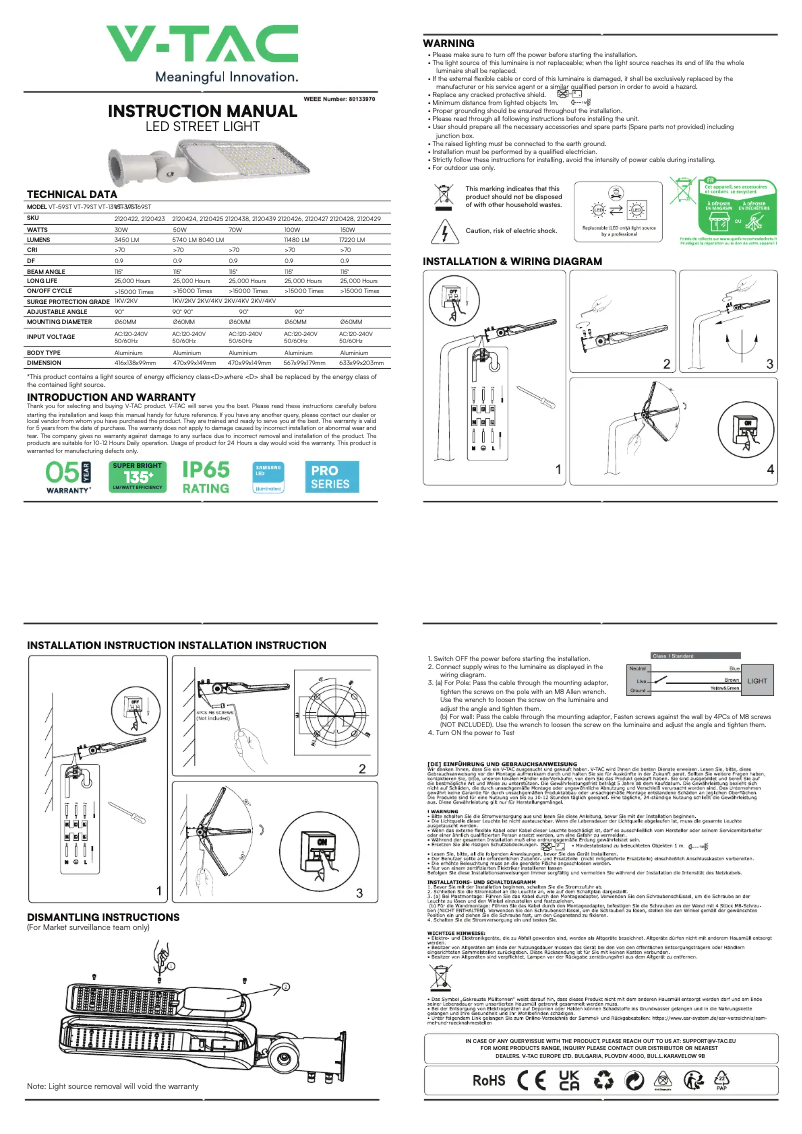 Page 1 de la notice Manuel utilisateur V-TAC VT-139ST