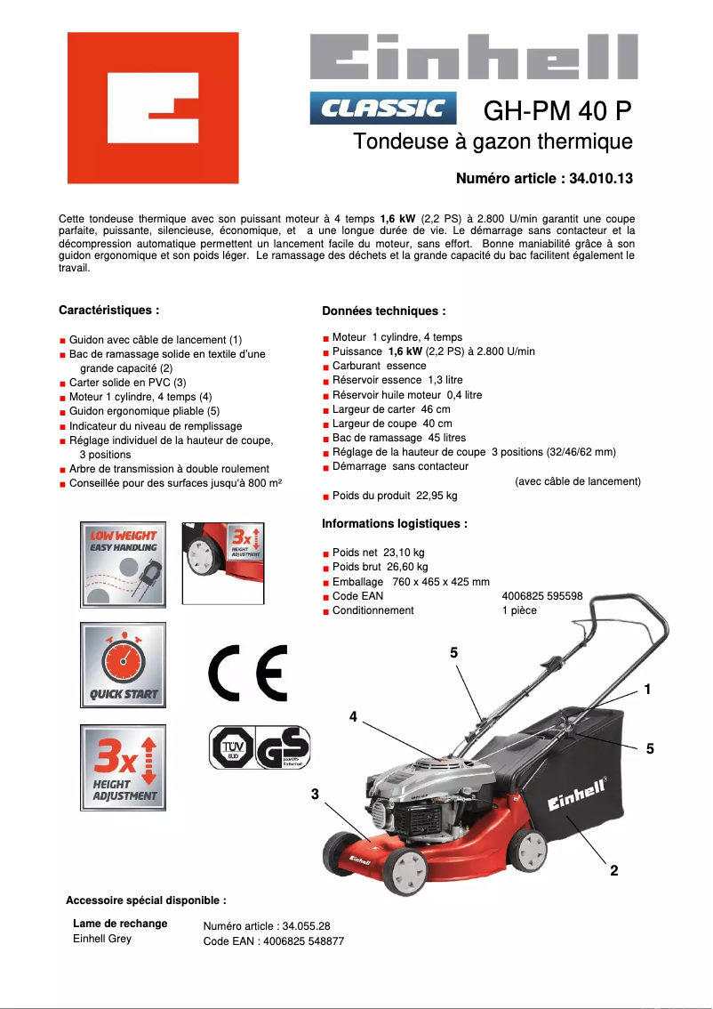 Page 1 de la notice Manuel utilisateur Einhell GH-PM 40 P