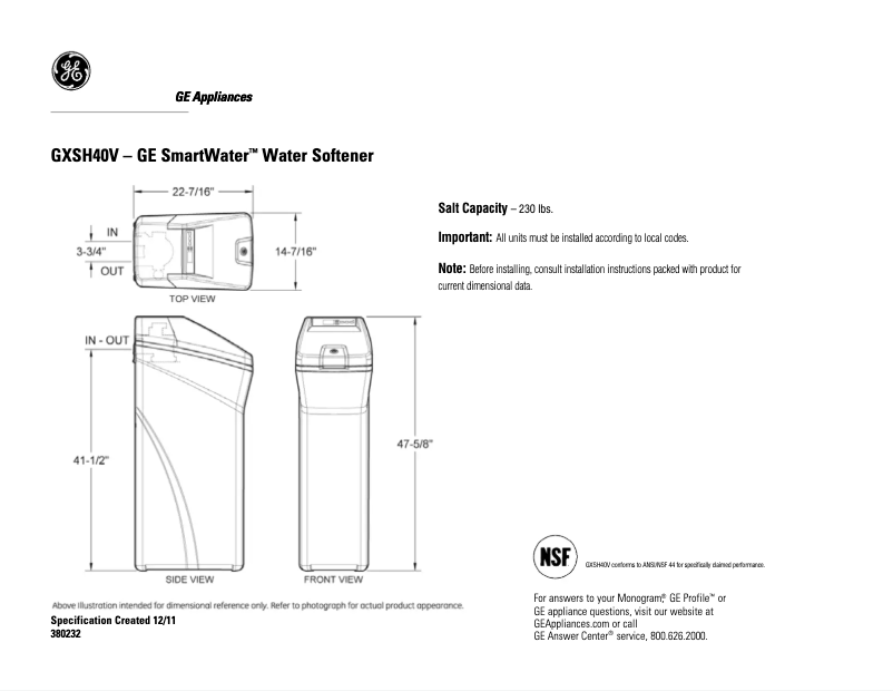 Page 1 de la notice Fiche technique GE GXSH40V