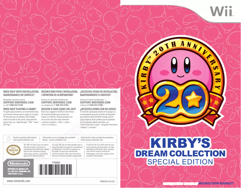 Page 1 de la notice Manuel utilisateur Nintendo Kirbys Dream Collection - Special Edition (Wii)
