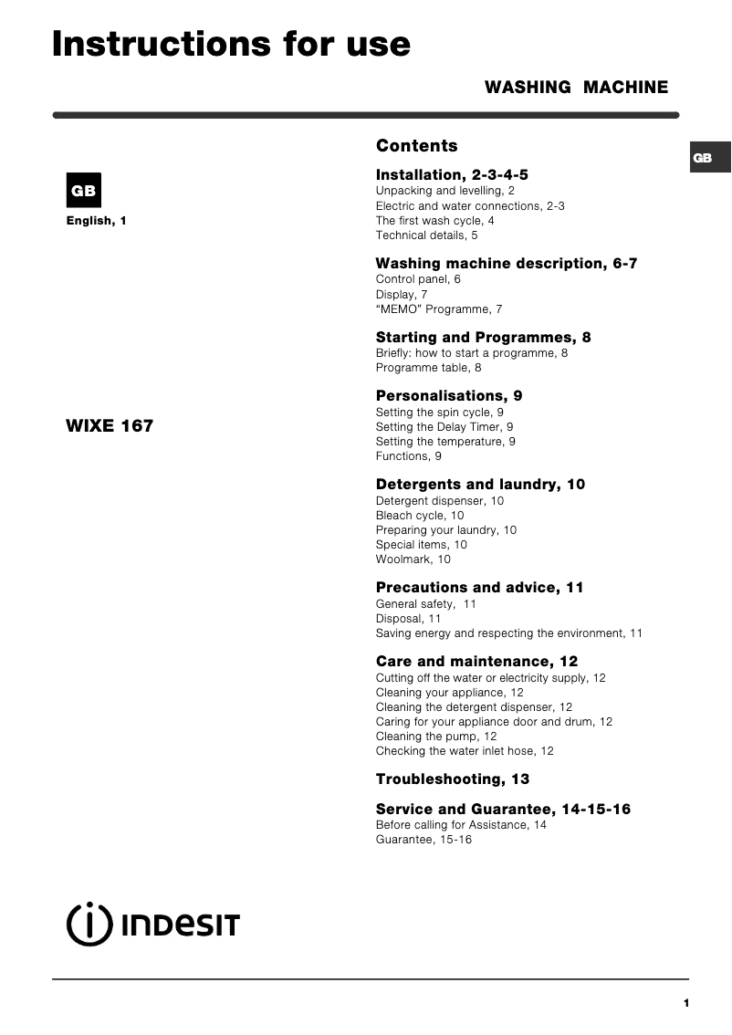 Page n°1 - Manuel utilisateur Indesit WIXE167