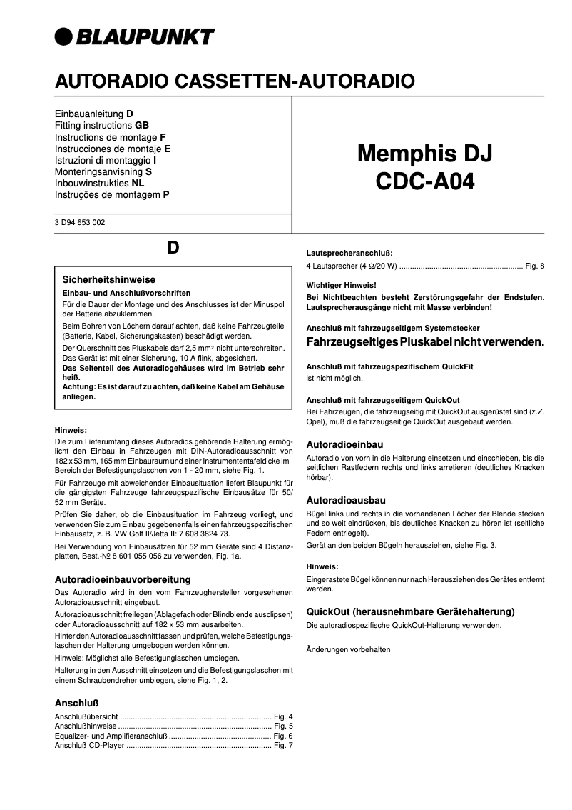 Page 1 de la notice Manuel utilisateur Blaupunkt Memphis DJ CDC-A04
