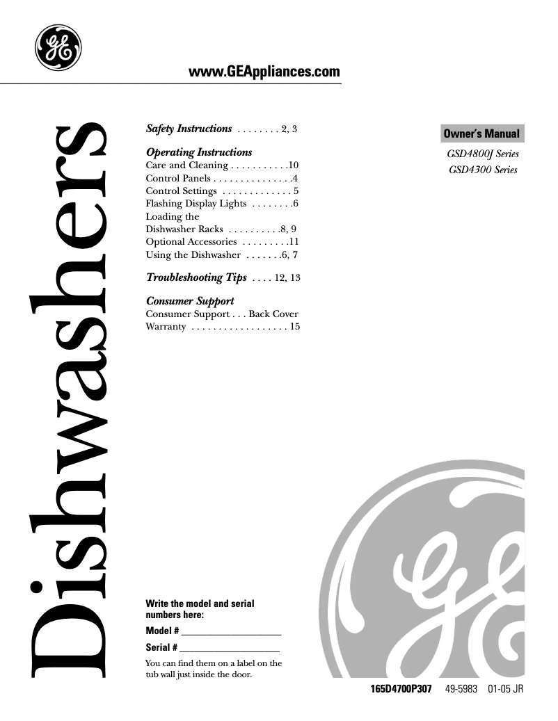 Page 1 de la notice Manuel d'utilisation et d'entretien GE GSD4800JWW