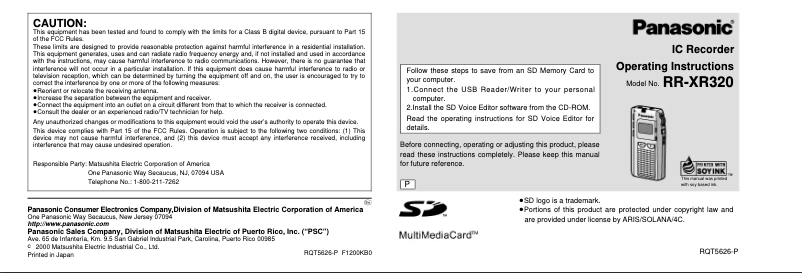 Página 1 del manual Manual de usuario Panasonic RR-XR320