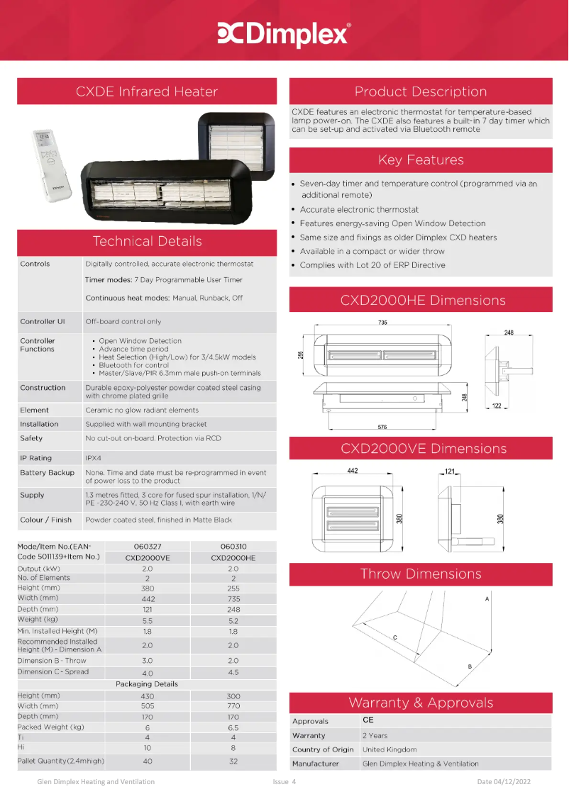 Page 1 de la notice Fiche technique Dimplex CXD2000V