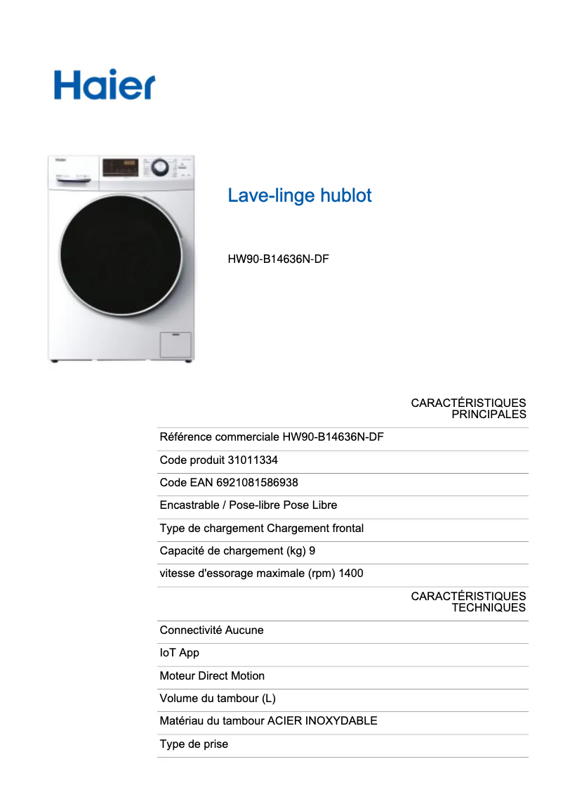 Page 1 de la notice Fiche technique Haier HW90-B14636N