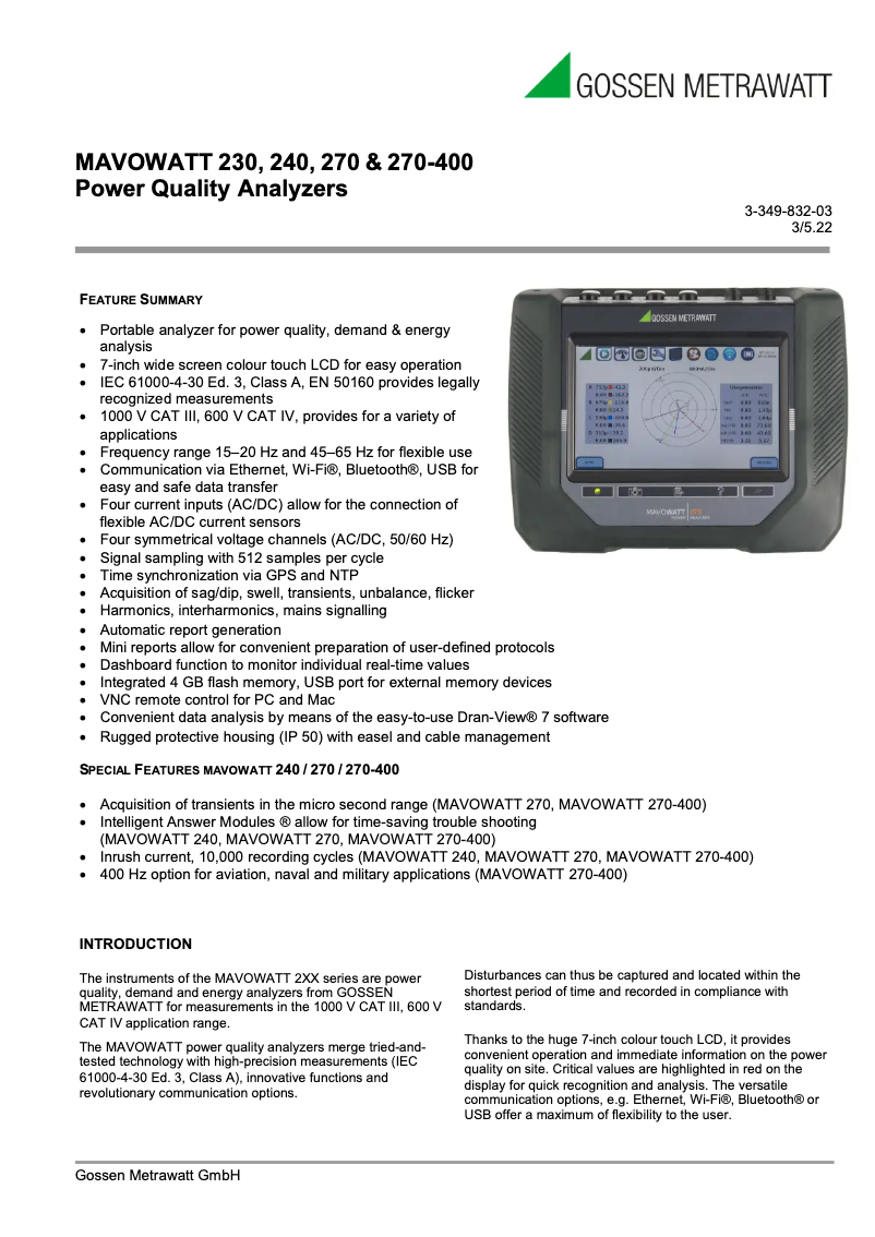 Page 1 de la notice Fiche technique Gossen Metrawatt MAVOWATT 230