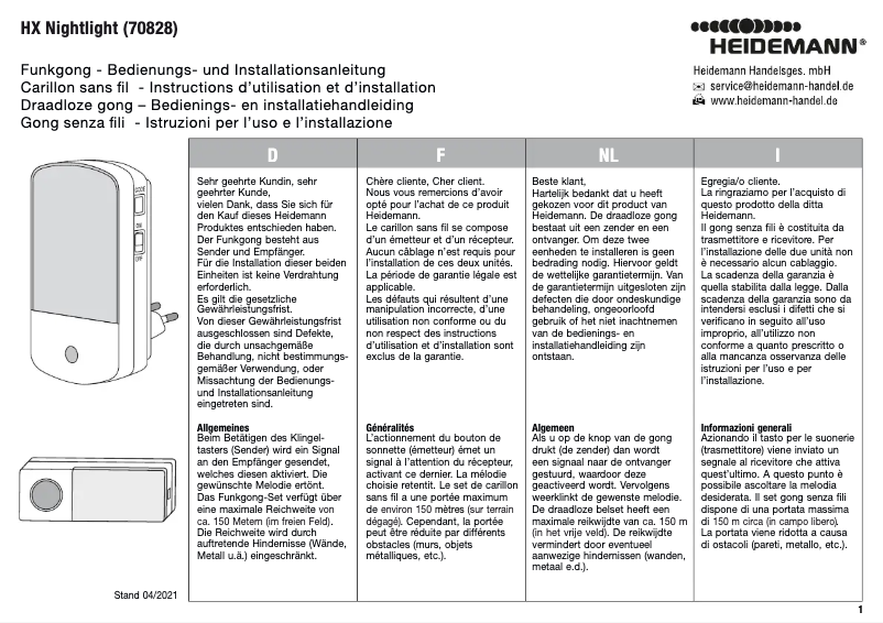 Page 1 de la notice Manuel utilisateur Heidemann HX Nightlight 70828