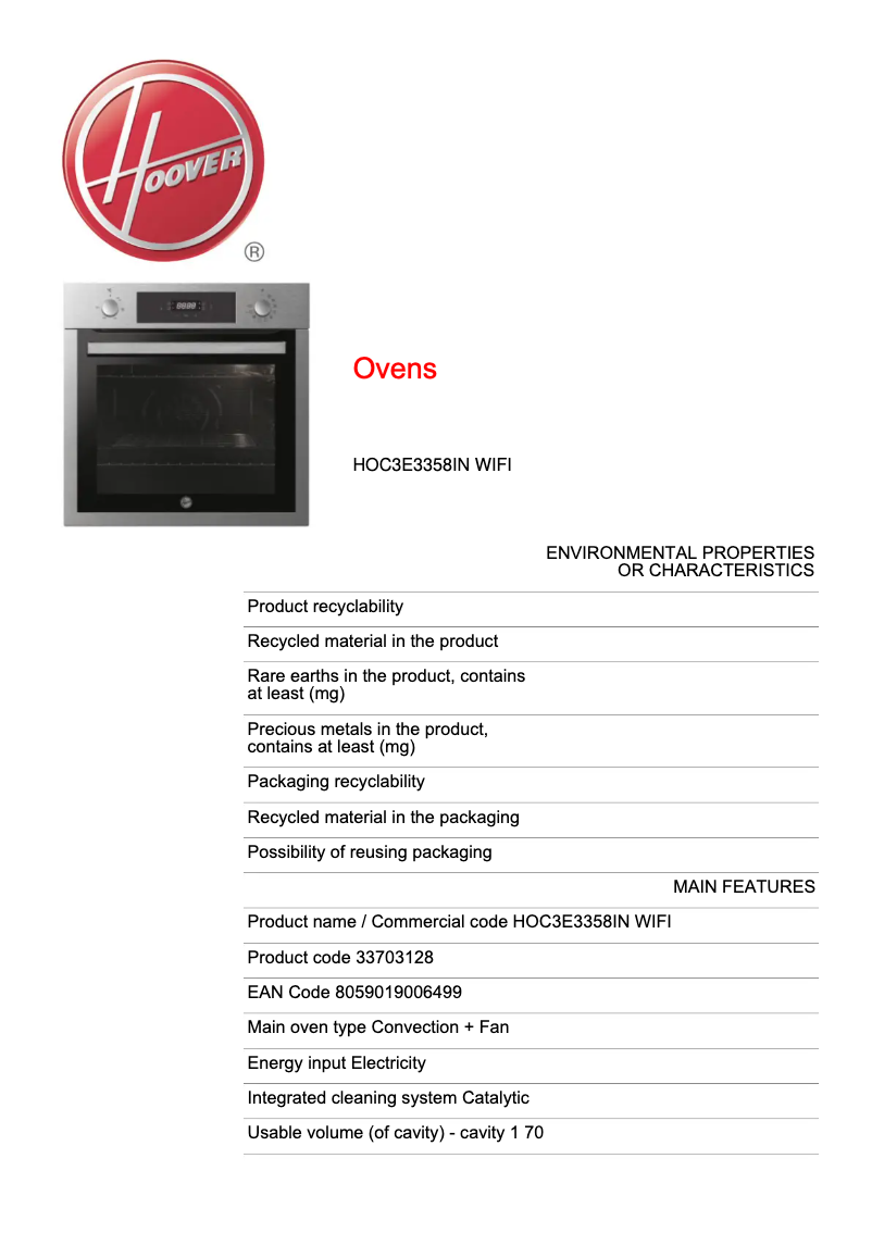 Page n°1 - Fiche technique Hoover H-OVEN 300 HOC3E3358IN WIFI