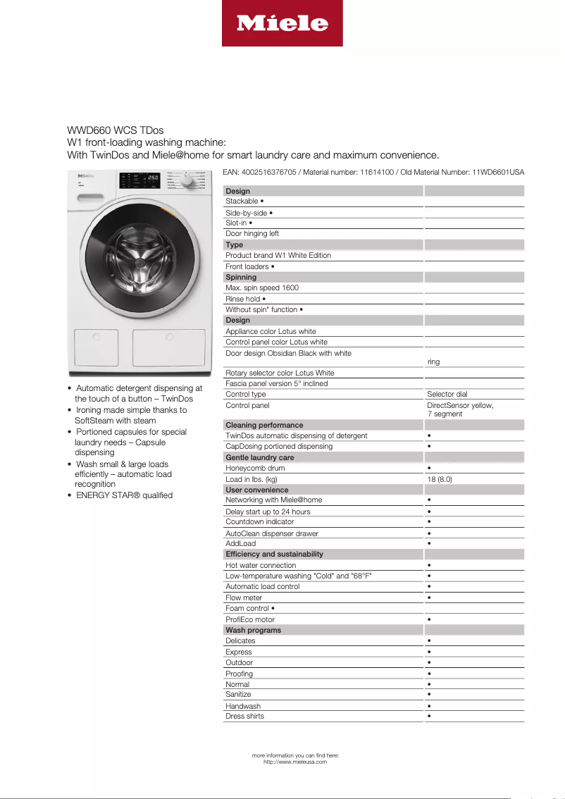Page n°1 - Fiche technique Miele WWD 660 WCS