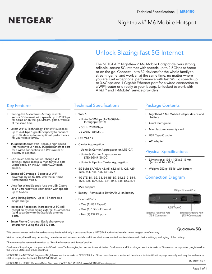 Page 1 de la notice Fiche technique Netgear Nighthawk M6 MR6150