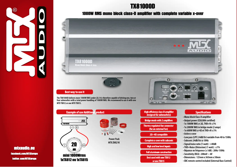 Page 1 de la notice Fiche technique MTX Audio TX81000D