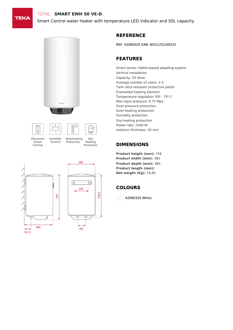 Página 1 del manual Ficha técnica Teka EWH 50 VE-D