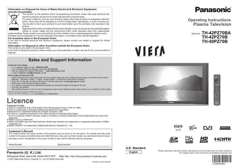 Page 1 de la notice Manuel utilisateur Panasonic Viera TH-50PZ70B