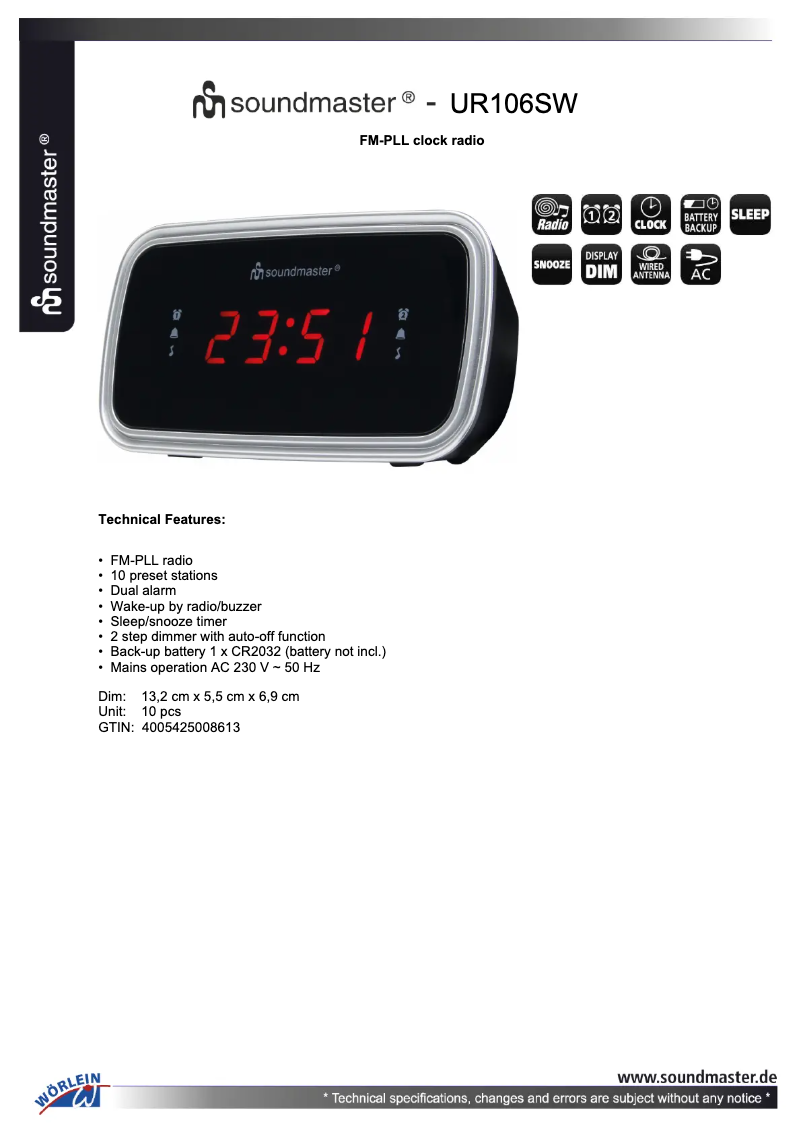 Page n°1 - Fiche technique Soundmaster UR106SW