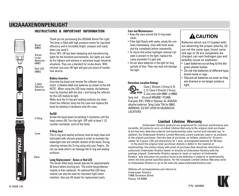 Page n°1 - Manuel utilisateur Underwater Kinetics UK2AAA Xenon Pen Light