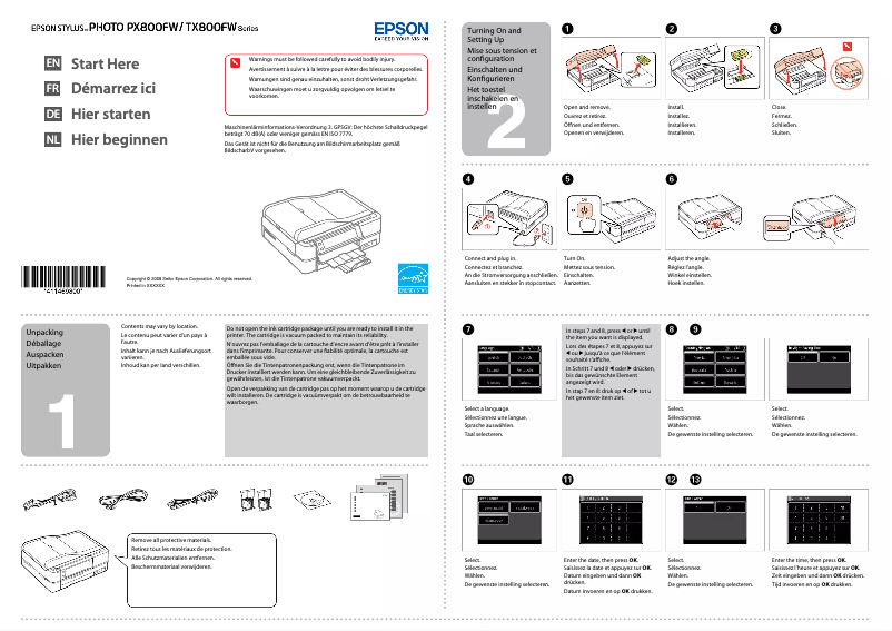 Page 1 de la notice Guide d'installation Epson Stylus Photo PX800FW