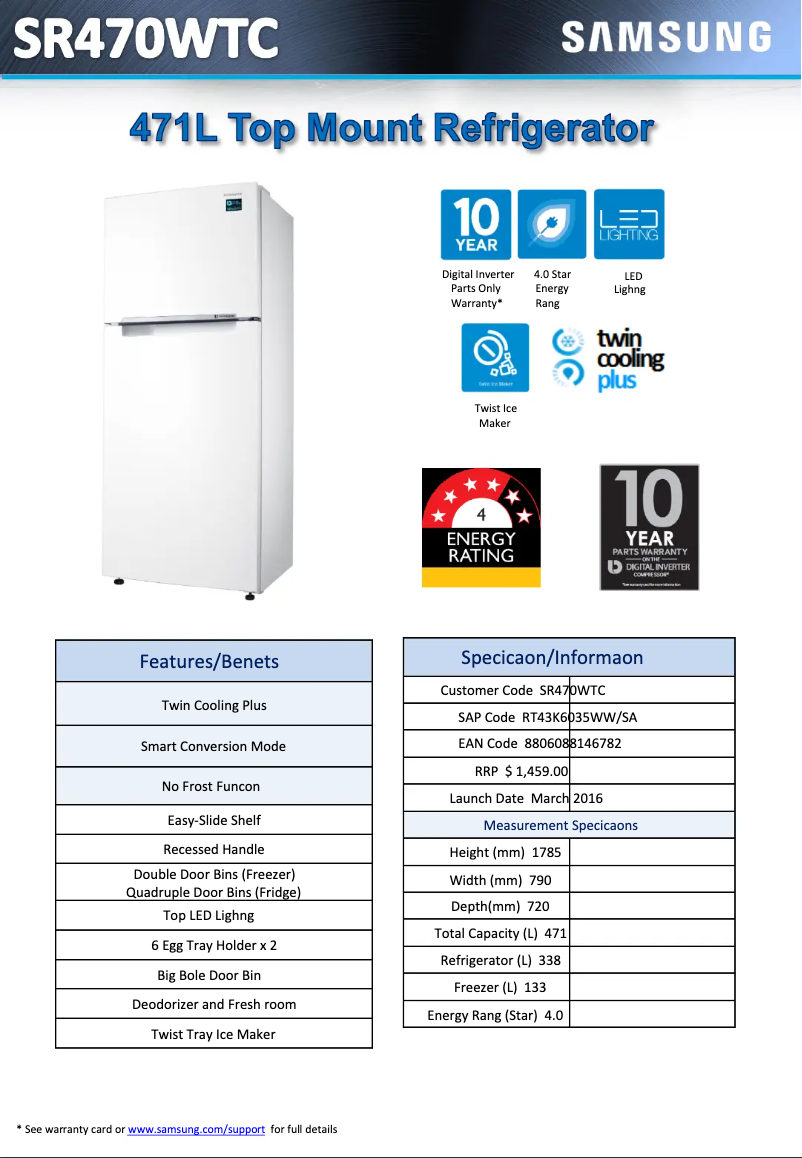 Image de la première page du manuel de l'appareil SR470WTC