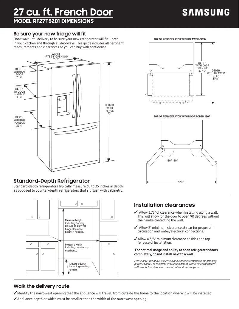 Page 1 de la notice Guide de mesure Samsung RF27T5501SR/AA