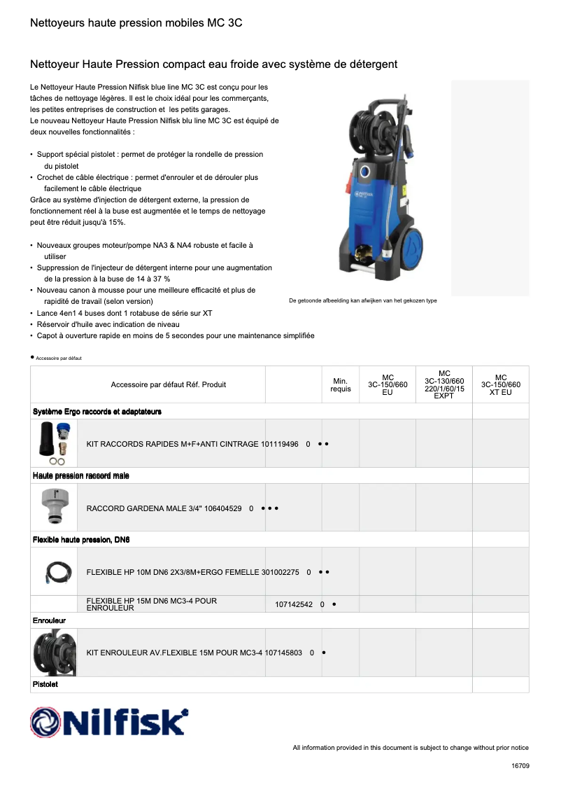 Page 1 de la notice Fiche technique Nilfisk MC 3