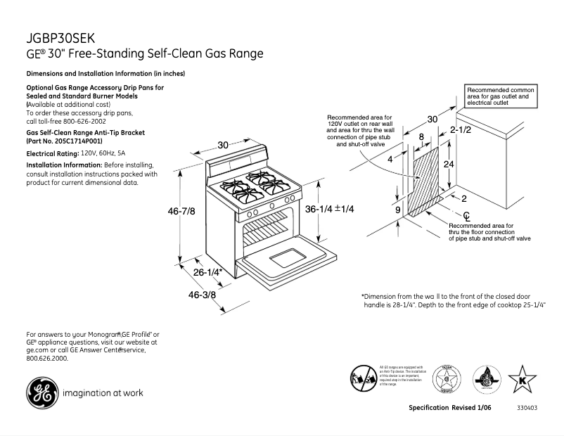 Page 1 of the manual Technical Sheet GE JGBP30SEKSS