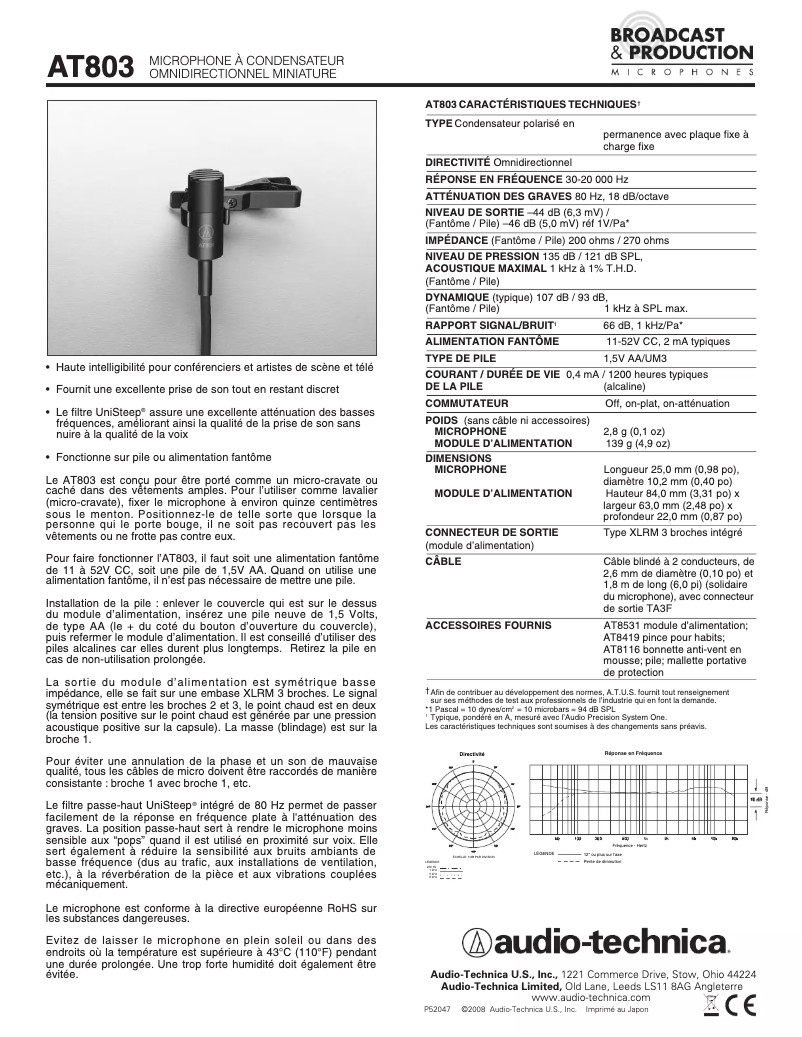 Page n°1 - Fiche technique Audio-Technica AT803