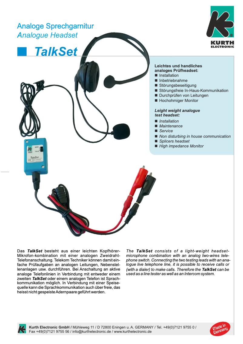 Page 1 de la notice Fiche technique Kurth Electronic TalkSet