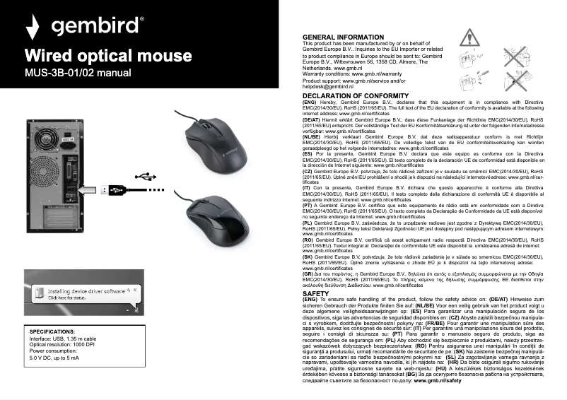 Page 1 de la notice Manuel utilisateur Gembird MUS-3B-02