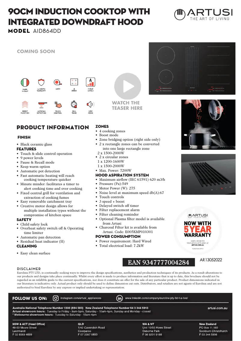 Page 1 de la notice Fiche technique Artusi AID864DD