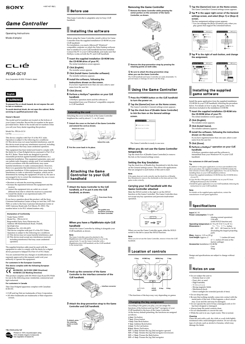 Page n°1 - Manuel utilisateur Sony Clié PEGA-GC10