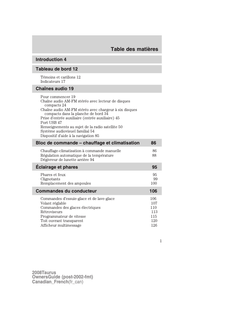 Page 1 de la notice Manuel utilisateur Ford Taurus (2008)
