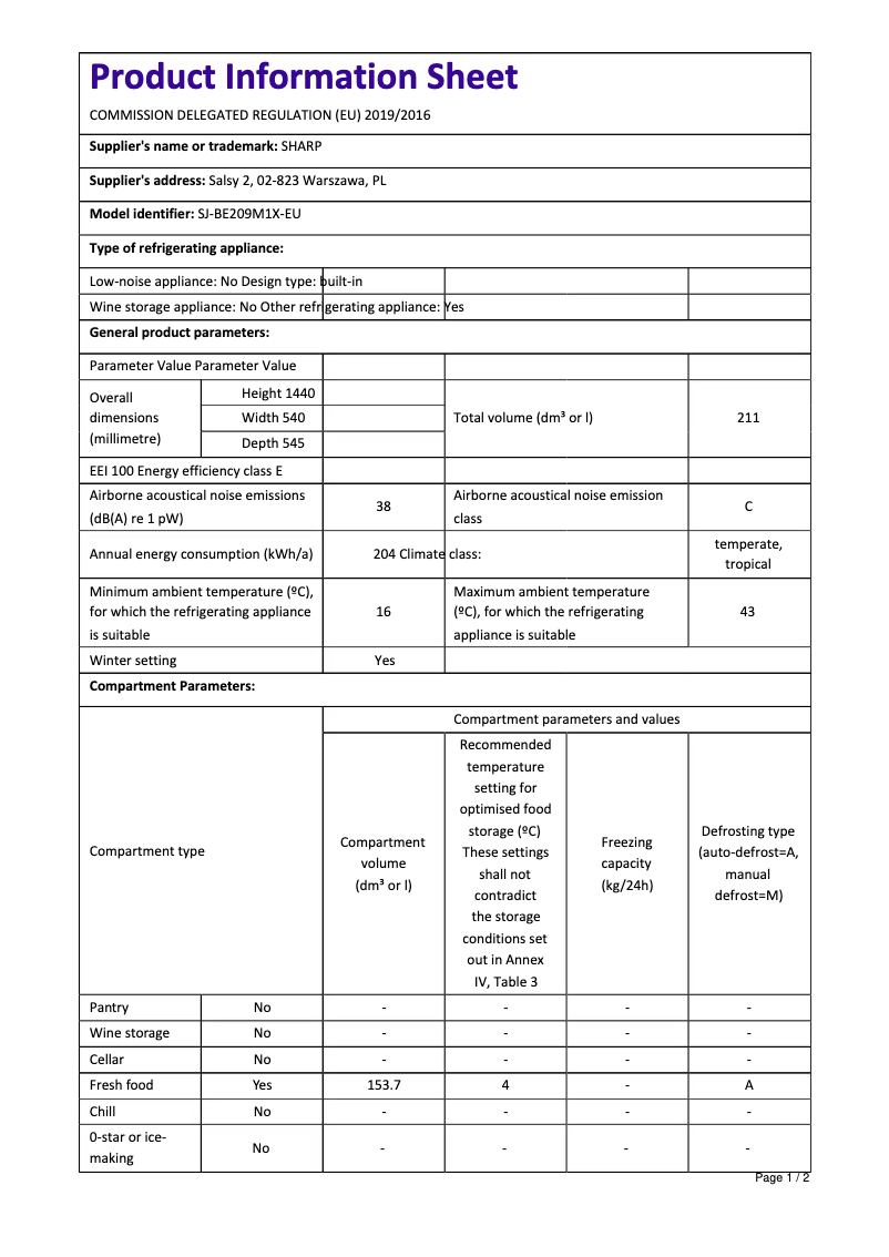 Page 1 de la notice Manuel utilisateur Sharp SJ-BE209M1X-EU