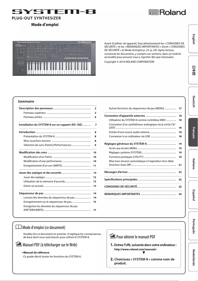 Page 1 de la notice Manuel utilisateur Roland SYSTEM-8