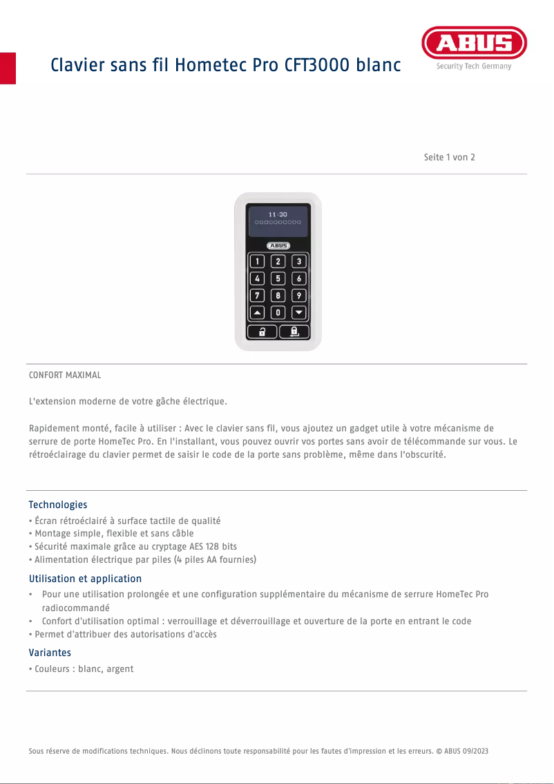 Page n°1 - Fiche technique Abus HomeTec Pro CFT3000
