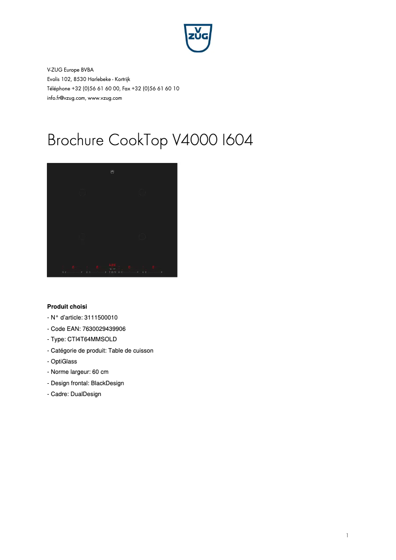 Page 1 de la notice Brochure V-Zug CookTop V4000 I604