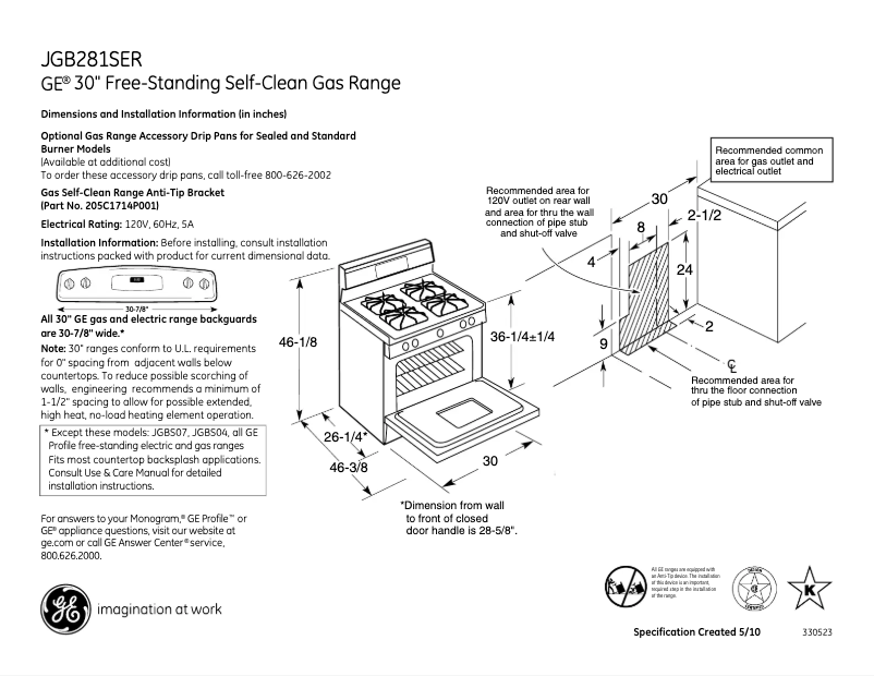 Page 1 of the manual Technical Sheet GE JGB281SERSS
