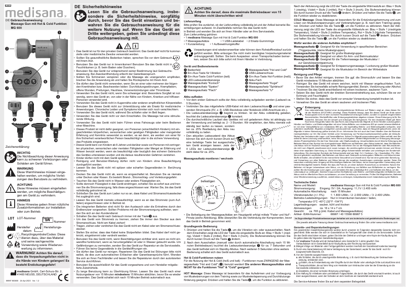 Page 1 de la notice Manuel utilisateur Medisana MG 600