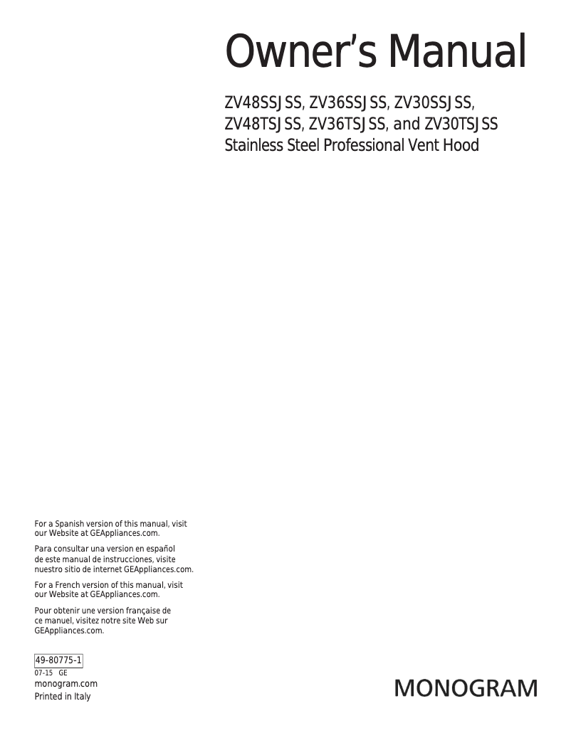 Page n°1 - Manuel utilisateur Monogram ZV36SSJSS