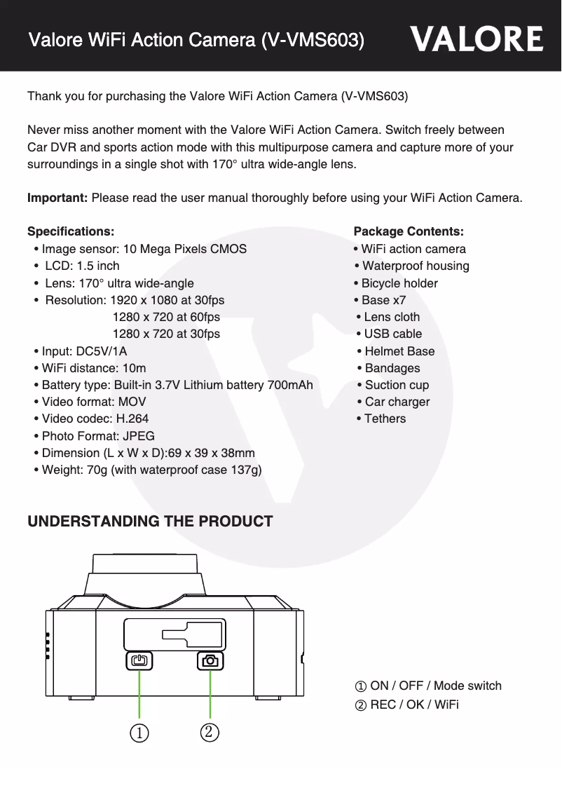 Page 1 de la notice Manuel utilisateur Valore V-VMS603