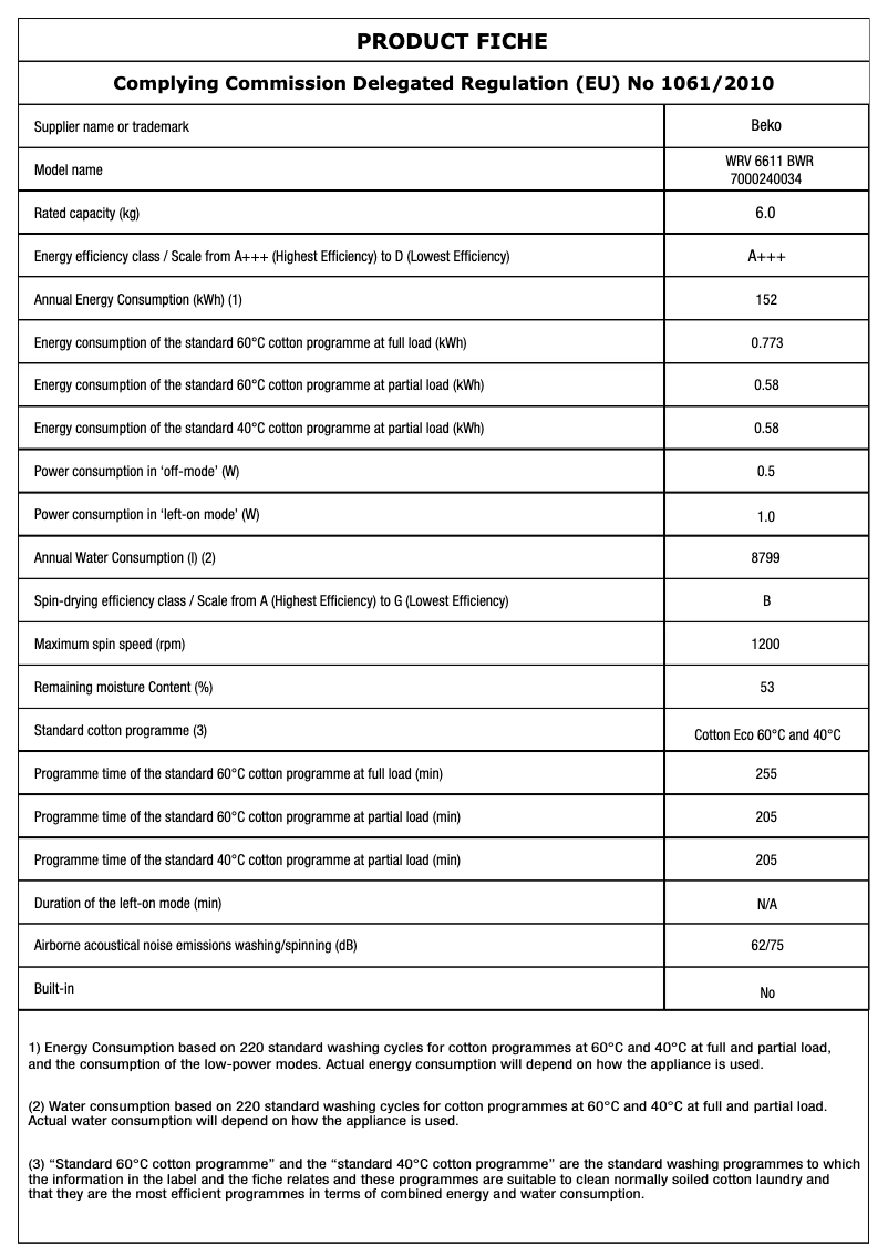 Page 1 de la notice Fiche technique Beko WRV 6611 BWR